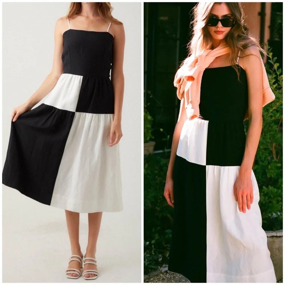 R.G. Kane Women Linen Euro Summer Colorblock Dress Open Back Midi Vacation Small